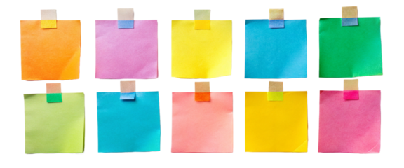 different colored sticky notes taped against wall isolated on white or transparent png