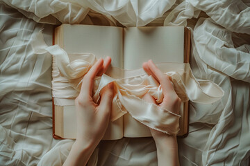 Delicate hands tied with silk ribbon on open book – romantic aesthetic, romantasy concept