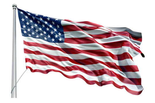 3D Waving US Flag with Dramatic Folds and Skyward Perspective in High Detail isolated to transparent background - Powered by Adobe