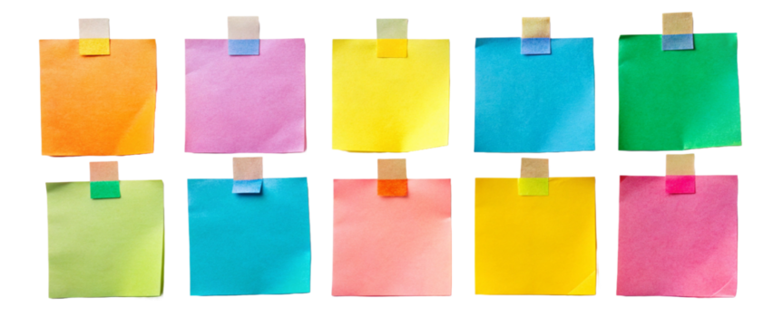 different colored sticky notes taped against wall isolated on white or transparent png