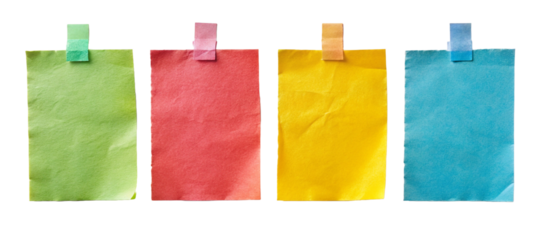 different colored sticky notes taped against wall isolated on white or transparent png
