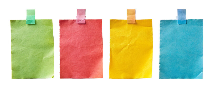different colored sticky notes taped against wall isolated on white or transparent png