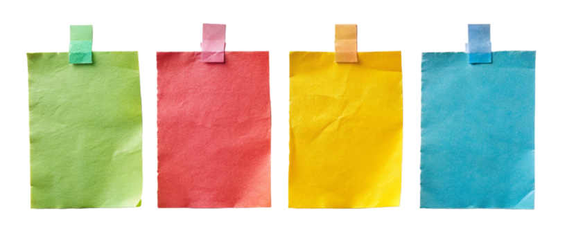 different colored sticky notes taped against wall isolated on white or transparent png