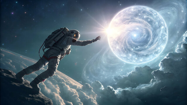 Reaching for the cosmos, a lone astronaut extends a hand towards a swirling nebula amidst the stars in deep space.