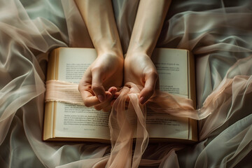 Delicate hands tied with silk ribbon on open book – romantic aesthetic, romantasy concept
