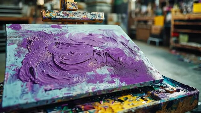 Work in progress art piece with textured paint in an artist studio