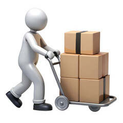 3d stick figure pushing a hand truck with boxes isolated on transparent background