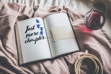 Flatlay with book quote card – Just one more chapter, book lovers concept