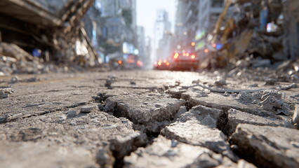 City street after a powerful earthquake, cracked pavement, collapsed buildings with exposed rebar and rubble, dust in the air, emergency vehicles in the distance, tense and chaotic atmosphere.