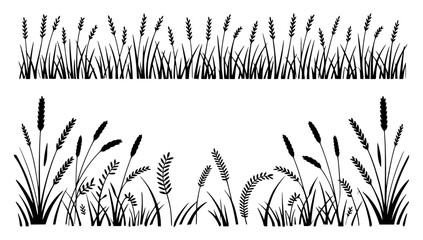 Black silhouette of wheat stalks and grass blades vector