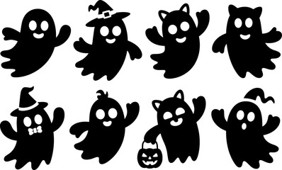 Cute Halloween Ghost Silhouettes Set | Cartoon Black and White Vector Characters