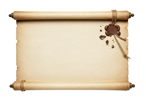 Rolled parchment with dark seal and twine against a black background
