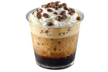 Delicious iced coffee drink topped with whipped cream and coffee beans isolated on transparent background