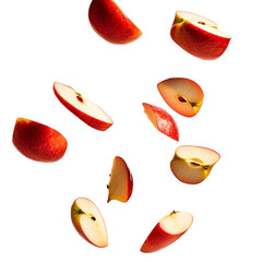Red Apple Slices Falling, Isolated on Transparent PNG, Vibrant, Fresh