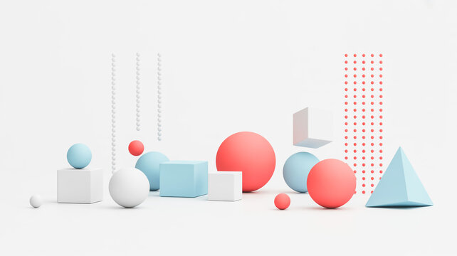 A minimalist 3D geometric composition on a pure white background. The arrangement features various shapes including spheres, cubes, and triangular prisms in pcolors - white, light blue, or.