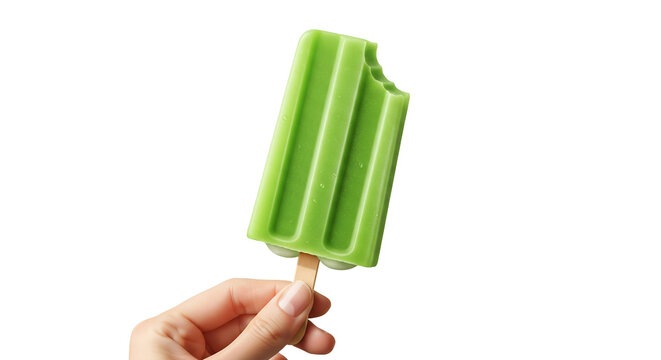 Stock photo of green popsicle ice cream summer treat held by hand on black background refreshing dessert 100char