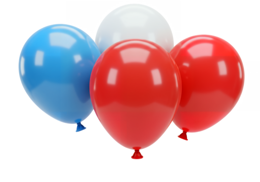 Four shiny balloons one blue one white and two red float against a black background - Powered by Adobe