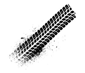 Black tire track imprint with scattered dirt and debris grunge