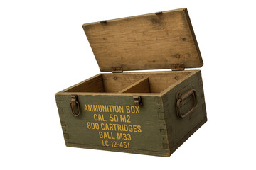 Fototapeta premium Vintage military ammunition box open on transparent background, weathered wood