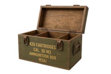 Detailed open military ammunition box isolated on transparent background.