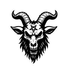 Goat head black and white vector illustration. Spooky skull with pentagram.