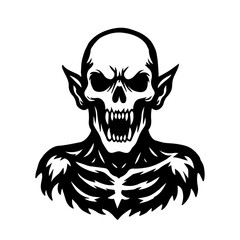 Black and white illustration of a vampire, has scary teeth and sharp ears. Vector isolated background