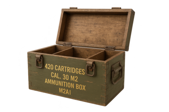 Detailed open military ammunition box isolated on transparent background.