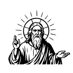 Jesus black and white vector illustration. Stencil or silhouette of God