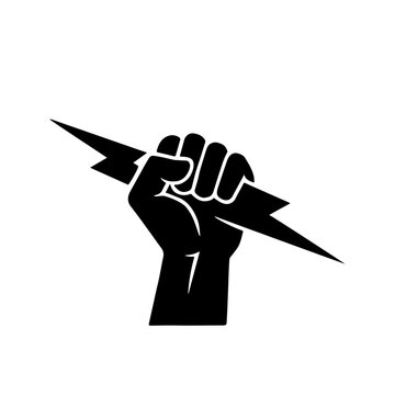 Hand holding lightning. stencil isolated on white.