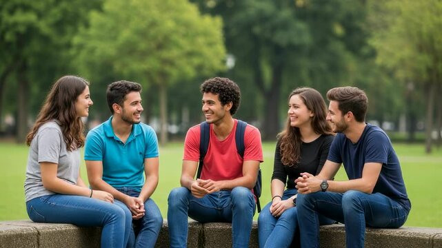 Diverse group of young students chatting on campus lawn. College friends socializing outdoors. Multicultural youth enjoying conversation in park. University life concept