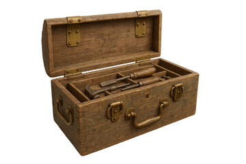 Opened vintage wooden toolbox with antique tools, isolated on transparent background