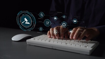 Futuristic digital law interface displaying justice scale, highlighting digital law, AI compliance,...