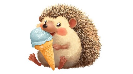 Cute Cartoon Hedgehog Eating Ice Cream Cone
