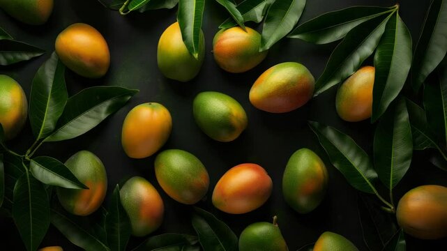 Fresh mangoes on dark background