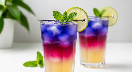 Two vibrant layered cocktails with ice lime and mint garnish on a white surface and plant nearby
