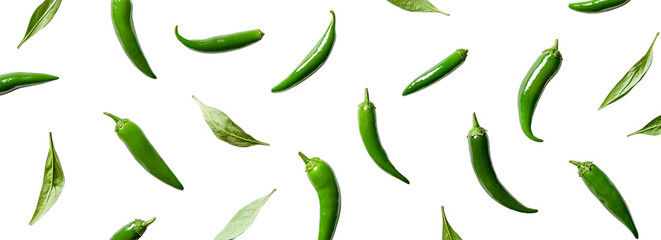 Vibrant Green Chili Peppers, Leaves; Isolated on Transparent PNG