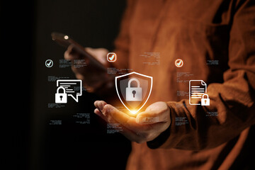 Data Security Concept with Lock Shield and Digital Icons in Hand