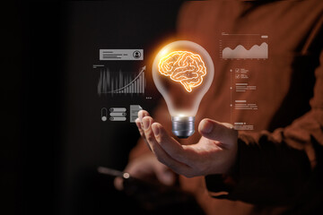 Artificial Intelligence Idea Concept with Digital Brain Light Bulb