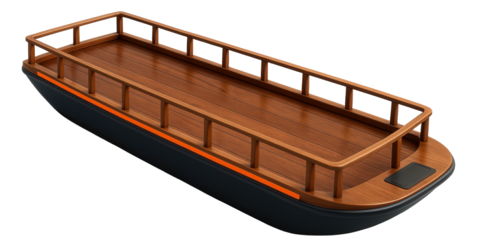 Traditional wooden river barge with flat deck and simple railings