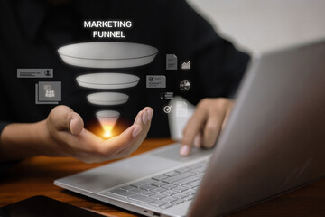 Marketing funnel strategy and customer conversion analytics on laptop