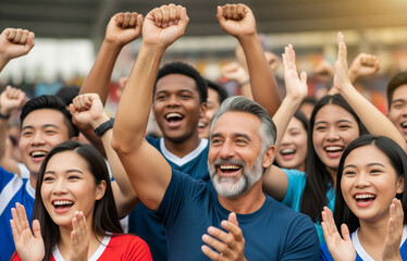 Fototapeta premium Diverse Crowd Cheers with Excitement at a Sporting Event or Concert, Celebrating Together in a Vibrant Stadium Atmosphere