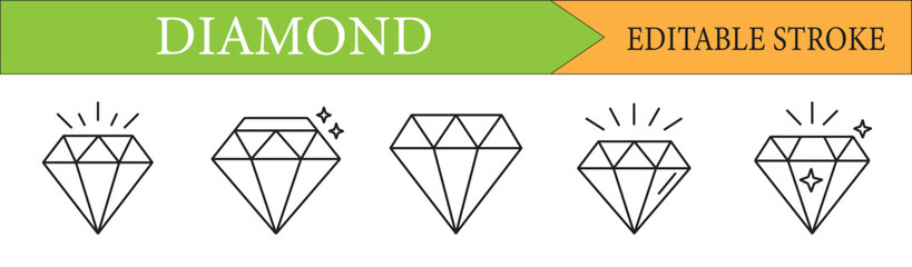 Elegant Diamond Icon Set for Jewelry, Fashion, and Design Projects, Featuring Clean Lines and Editable Strokes for Customization