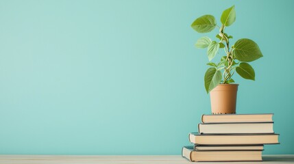 Serene study plant on stack of books teal background