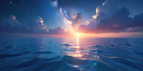 Ethereal Celestial Sea Stars Reflecting on a Calm Ocean, Night Seascape, Fantasy and Spiritual Theme