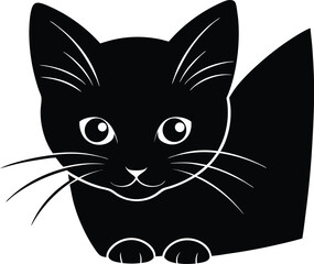 black silhouette of a shy kitten hiding on white b.eps