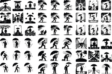 Stormy Day Pose Vector Icons – Umbrella Man Silhouette Collection Man Holding Umbrella in Storm Silhouette Set – Rainy Weather Icons