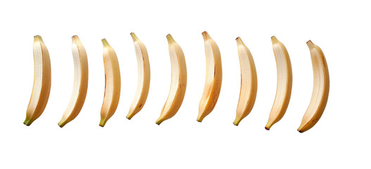 Ten ripe peeled bananas isolated on transparent PNG, vibrant yellow, studio shot.