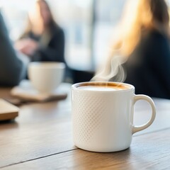Steaming coffee mug on wooden table blurred background