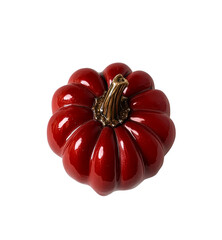 Red glossy ceramic pumpkin, isolated on transparent PNG, autumn harvest decor.