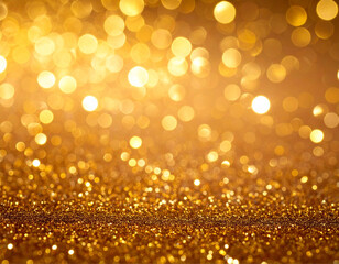 Fundo dourado com muito brilho em bokeh. Fundo de glitter.